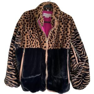 Nikki Jones Multi Print Faux Fur Jacket Sz L Balloon Sleeves Pockets Mob Wife